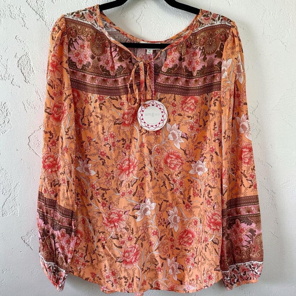 NEW Umgee Floral Peach Blouse Size M Medium Orange Peasant Tie Neck Boho Rayon
